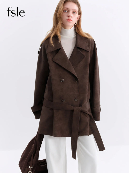 FSLE Retro Double-breasted Lapel Loose Leather Jacket for Women 2025 Winter New Casual Coffee-colored Jacket Loose Fit LadyShow.Store