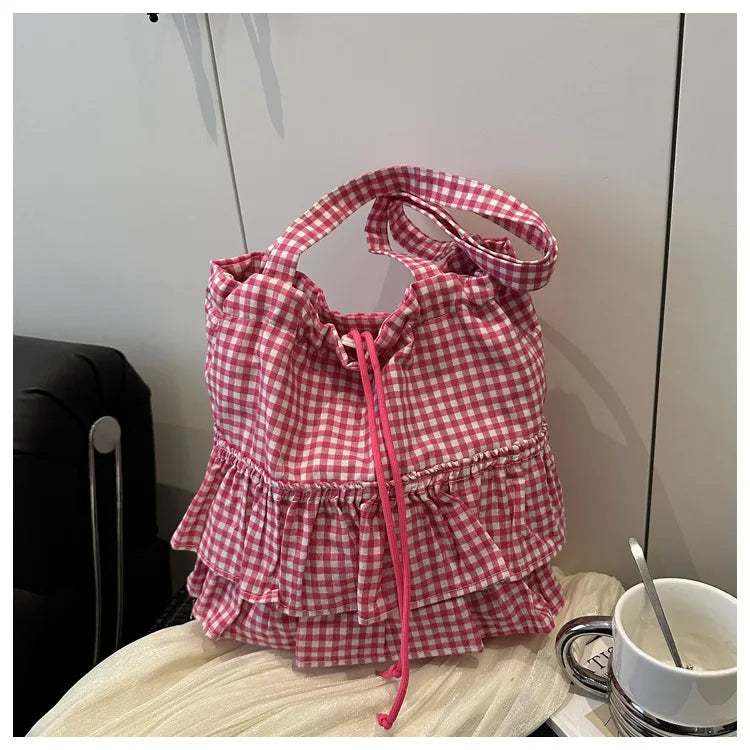 Large Capaci Cute Plaid Cotton Tote Bag  Lace Trim Women's Summer 2025 Simple Lady Handbag Soft Shoulder Bags Bolsa Feminina Pi-Mart