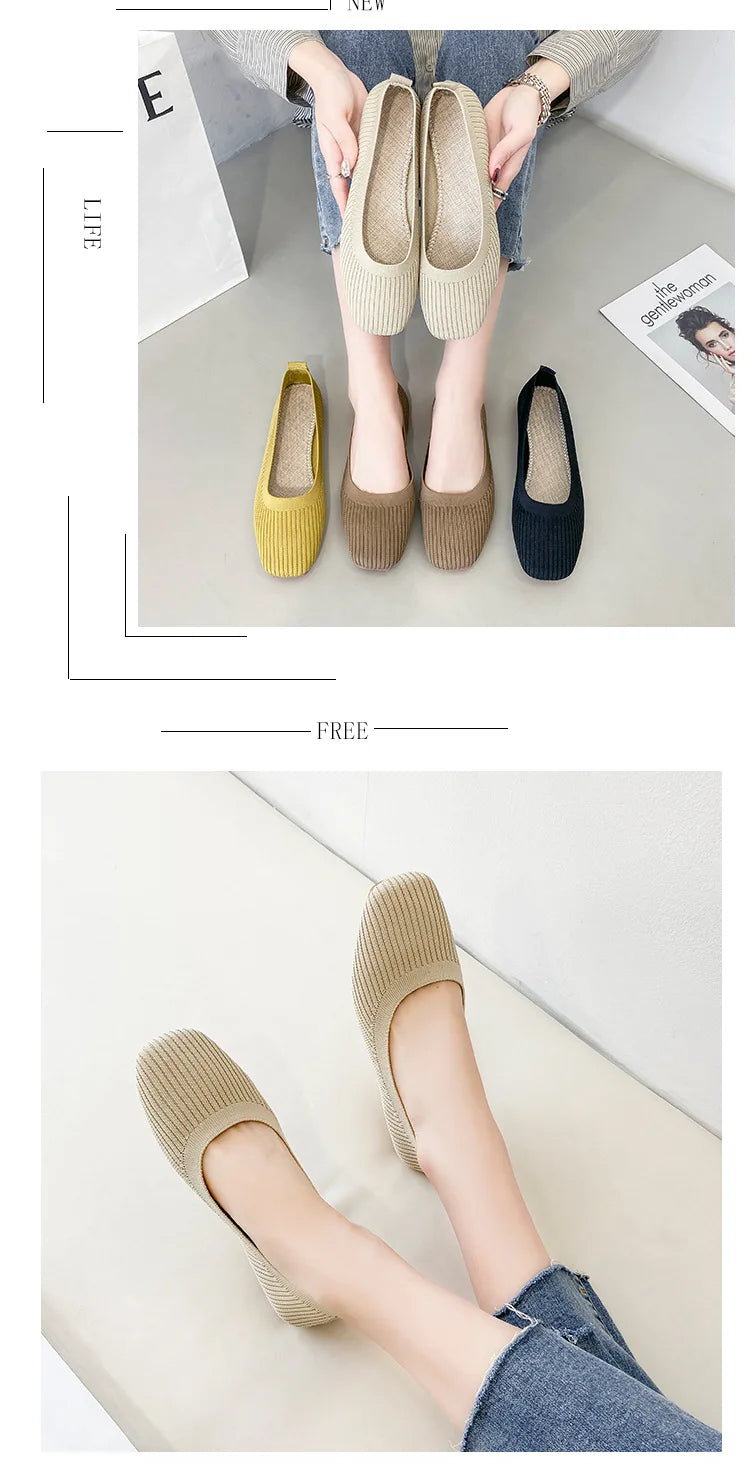 Women Leisure Flats Summer Autumn Flat Shoes Breathable Knitted Square Toe Slip-on Female Daily Walking Driving Loafers Pi-Mart