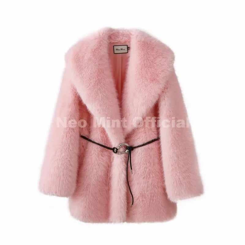 Neo Mint 2025 Winter Hot Brown Belted Faux Fur Coat Women Thick Warm Long Fox Fur Jacket Chic Brand Fashion Girls Furry Overcoat LadyShow.Store