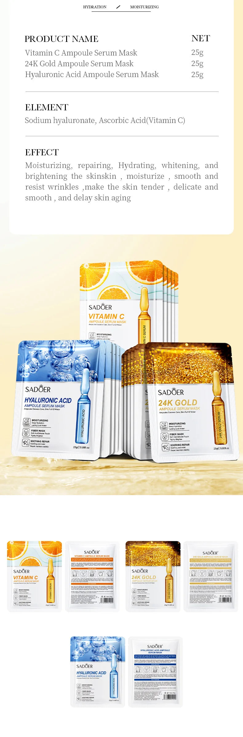 10pcs SADOER 24K Gold Vitamin C Hyaluronic Acid Face Mask Facial Moisturizing Firming Hydrating Facial Masks Skin Care Products Pi-Mart