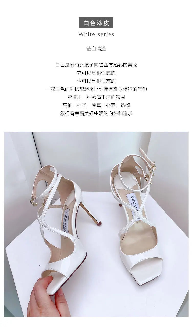 Luxury Sequined Women Gladiator Sandals Summer Designer Shoes for Women 2026 Square Head Hollow High Heels Fashion Ladies Shoes Pi-Mart