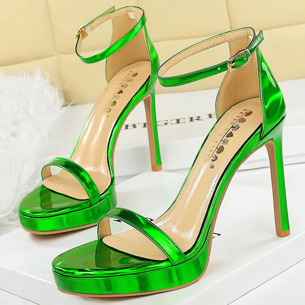 Luxury Women 11 Cm Heels Sandals Women Pumps Peep Toe High Heels Patent Leather Stiletto Lady Sandals Summer Shoes Platform Heel Pi-Mart
