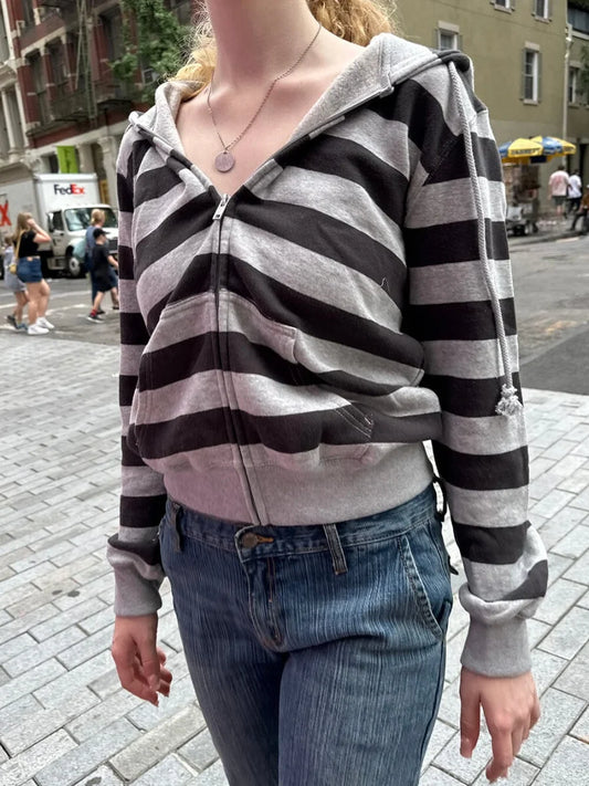 Stripes Vintage Zip-up Hoodie Woman Drawstring Hooded Long Sleeve Cotton Coat Casual Preppy Style Sweet Cute Hoodies Top Clothes LadyShow.Store