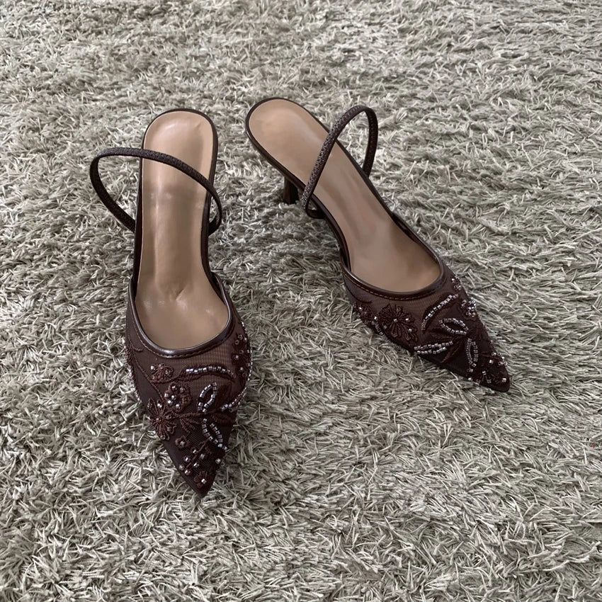 2026 String Bead Mesh Embroider Slingback High Heels Women Sexy Pointed Toe Heeled Sandals Summer Elegant Luxury Designer Shoes Pi-Mart