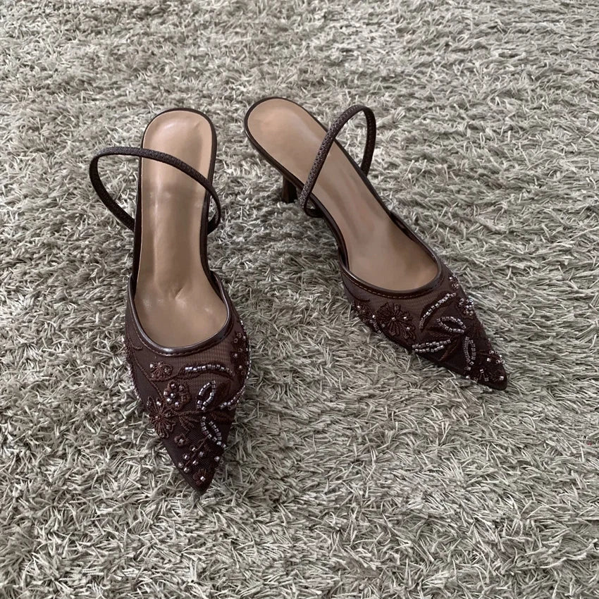 2026 String Bead Mesh Embroider Slingback High Heels Women Sexy Pointed Toe Heeled Sandals Summer Elegant Luxury Designer Shoes LadyShow.Store