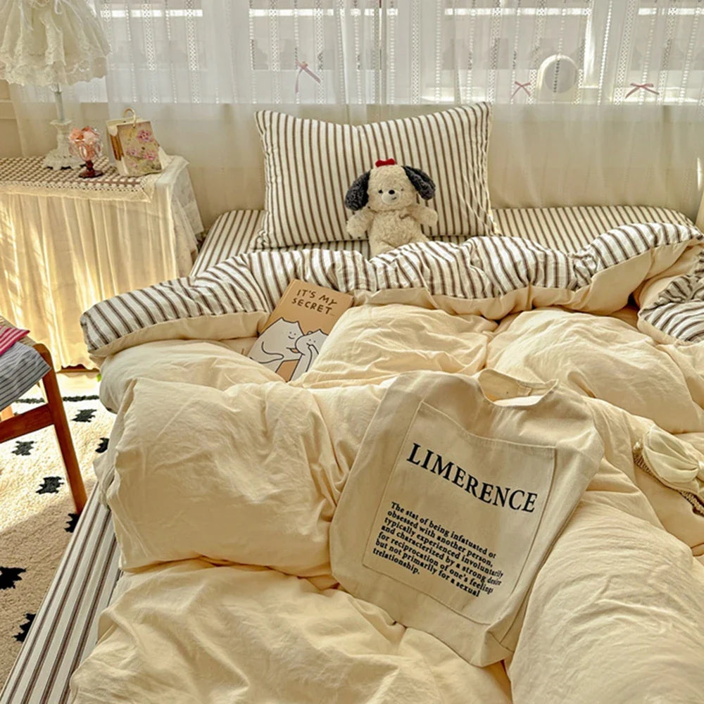 Ins Style Stripes Bedding Duvet Cover Set with Pillowcase bed sheet Full Size Bed Linen Quilt Cover Set Queen/King Double Single LadyShow.Store