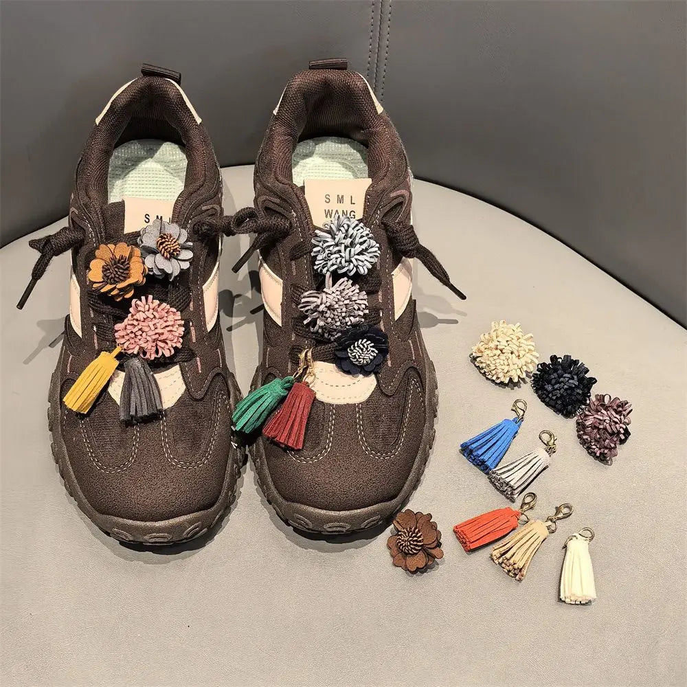 1Pcs Autumn Winter Maillard Tassel Pendant Shoe Charms Leather Flower Shoelace Buckle Sports Shoe Decoration Accessory Buckle Pi-Mart