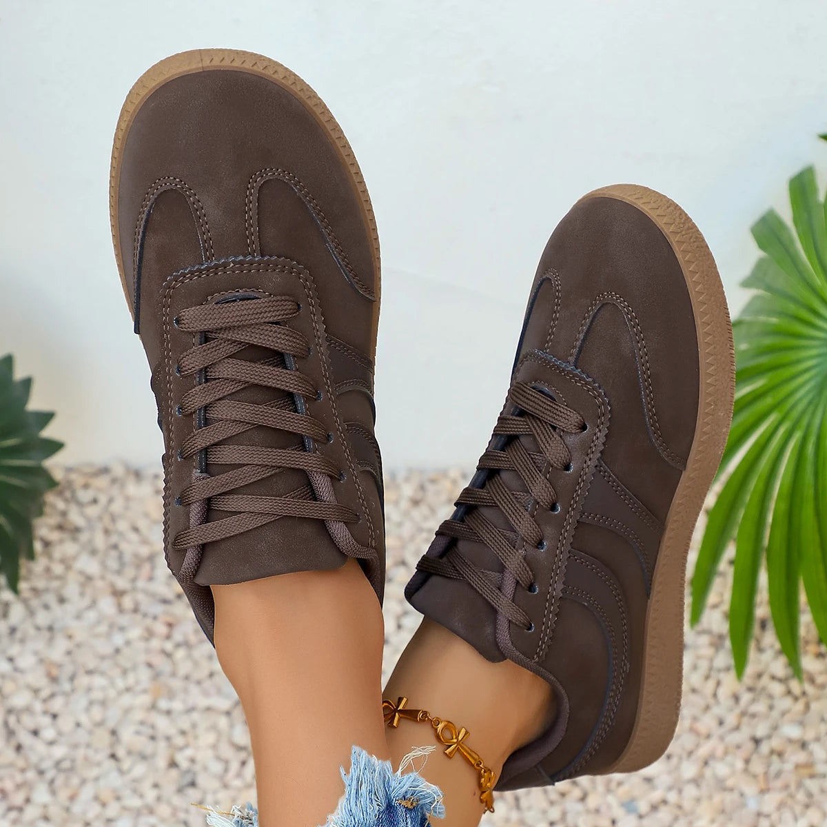 Retro Brown Platform Sneakers Women 2026 Flat Trend German Training Shoes Woman Plus Size 43 Non-slip Thick Sole Vulcanize Shoes Pi-Mart