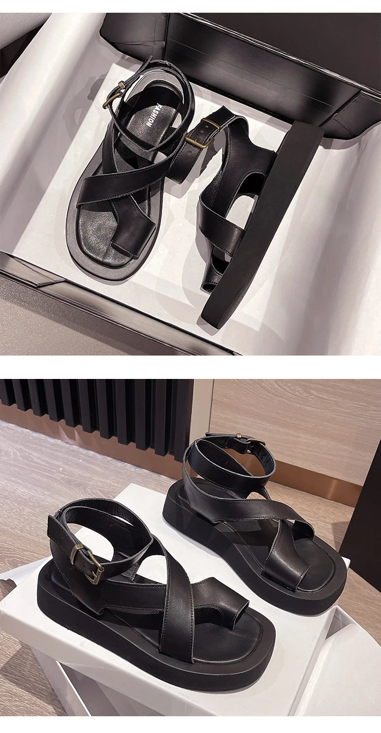 AIYUQI Sandals Women Genuine Leather 2026 Summer New Clip Toe Sandals Ladies Roman Women Shoes Muffin Sandals WHS MTO Pi-Mart