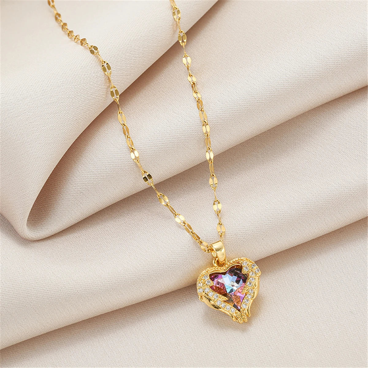 Top Luxury Colorful Crystal Ocean Heart Pendant Necklace For Women Trendy 316L Stainless Steel Jewelry Female Wedding Neck Chain Pi-Mart