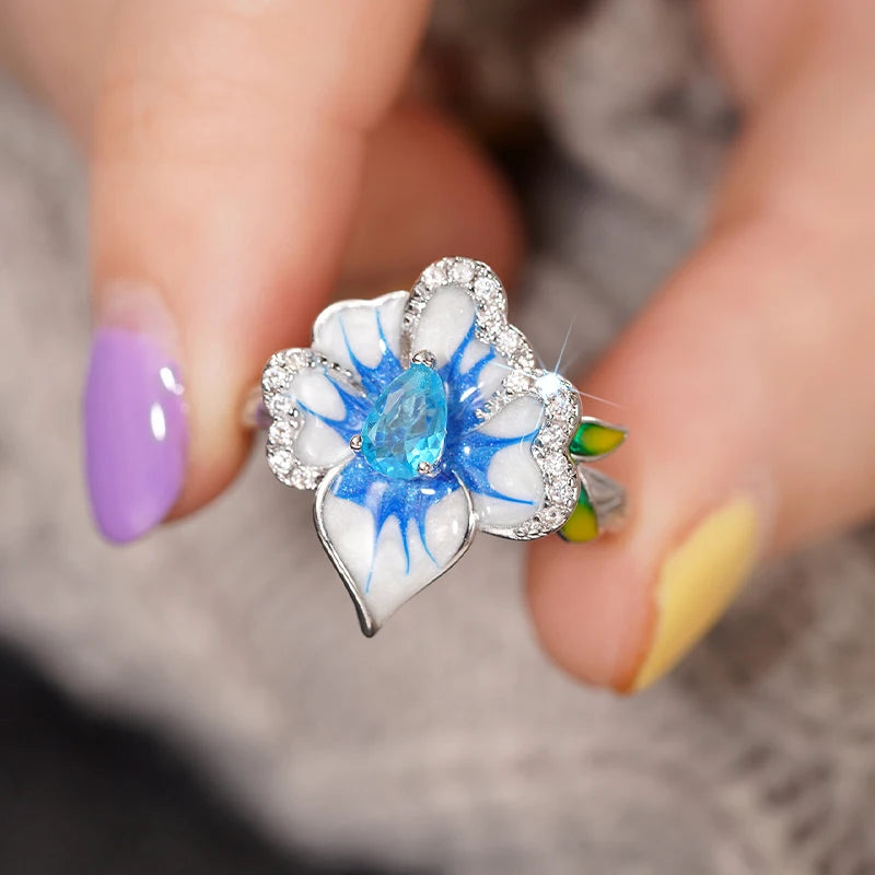 Huitan Gorgeous Creative Rings with Blue Flower Designed Elegant Temperament Party Jewelry for Women Delicate Finger Accessories Pi-Mart
