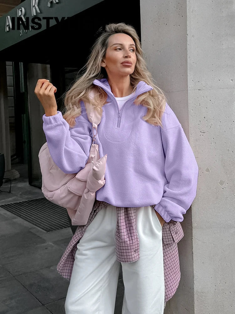 Women Autumn Winter Fleece Hoodies Elegant Stand Collar Zipper Loose Sweatshirt Elegant Solid Pullover Casual Top Streetwear LadyShow.Store