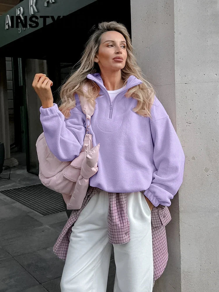 Women Autumn Winter Fleece Hoodies Elegant Stand Collar Zipper Loose Sweatshirt Elegant Solid Pullover Casual Top Streetwear LadyShow.Store