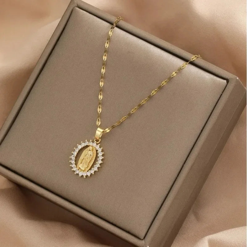 European and American Fashion and Gorgeous Women's All Sky Star Micro Inlaid Colorful Zircon Virgin Mary Hollow Necklace Pi-Mart