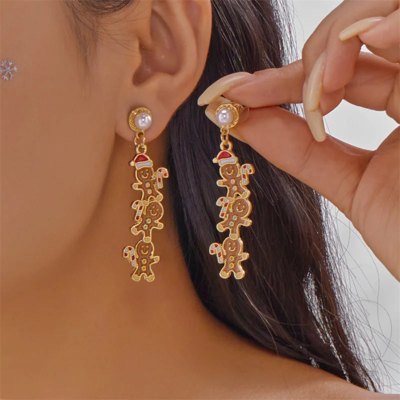 Creative Christmas Grandpa and Grandma Zircon Stud Earrings For Women White Pearl Crystal Snowman Elk Earring New Year Jewelry Pi-Mart