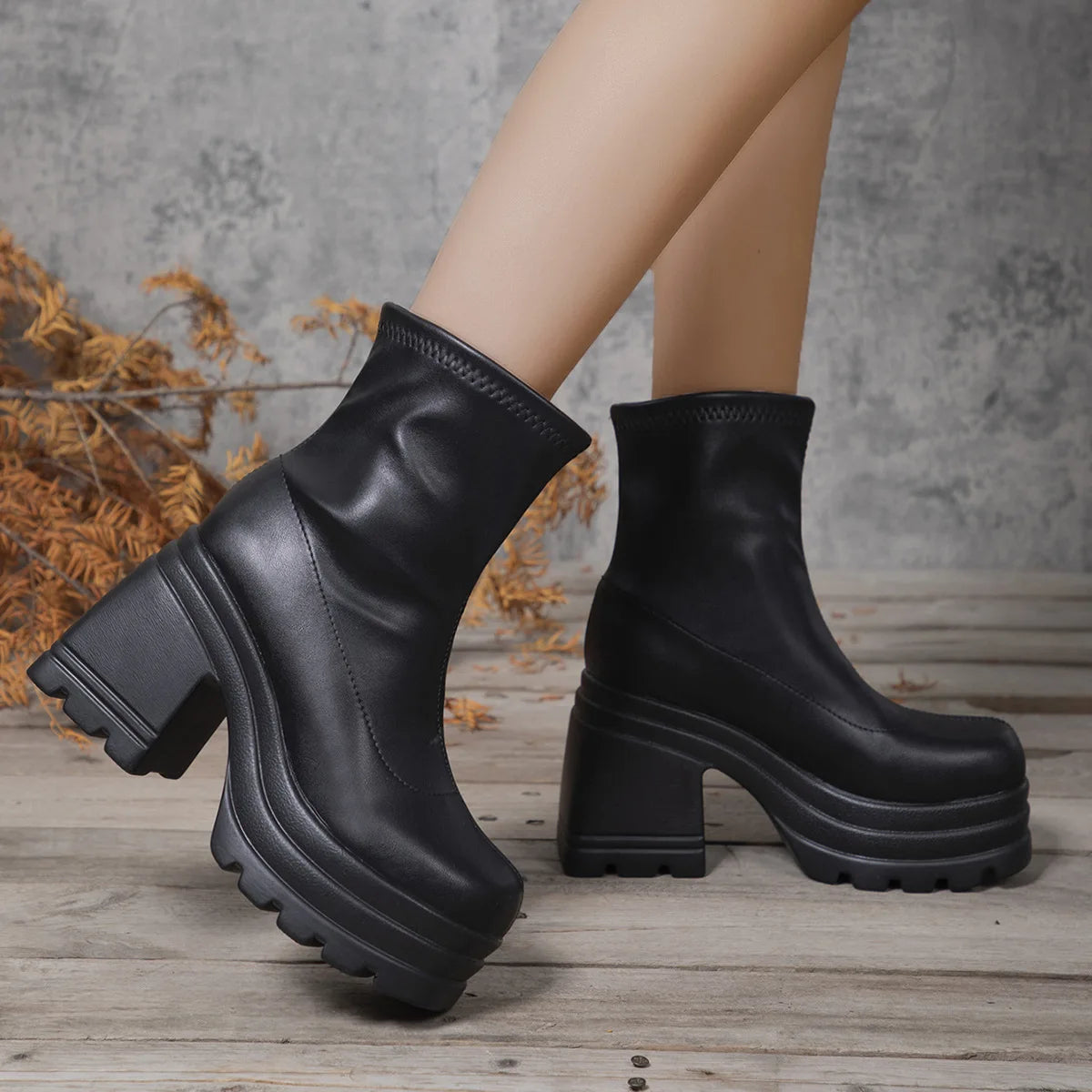 Women New Fashion Short Boots Women Sexy Leather Boot Square toe casual Zipper high heels Casual thick soled women shoes Zapatos Pi-Mart