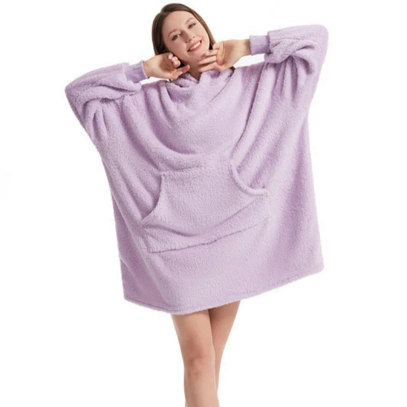 Winter Warm Unisex Double-faced Fleece Hooded Sweatshirts Casual Loose Long Thicken Pocket Pullover Batwing-sleeved Home Clothes LadyShow.Store