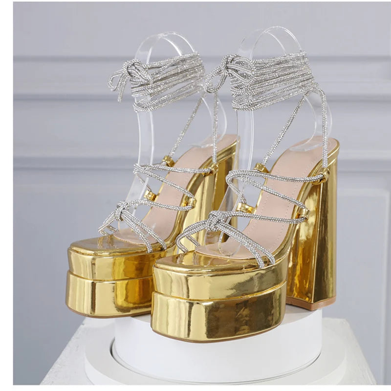 MM2025 New Arrival Rhinestone Embellished Knot T-Strap Heels Roman Peep-toe Summer Sandals Shiny Perfomance Anniversary Footwear Pi-Mart