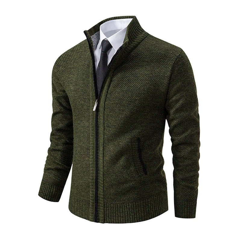 Autumn And Winter New Jersey Men's Casual Sports Coat Solid Color Stand Collar Wweater Grab Fleece Warm Zipper Cardigan Pi-Mart