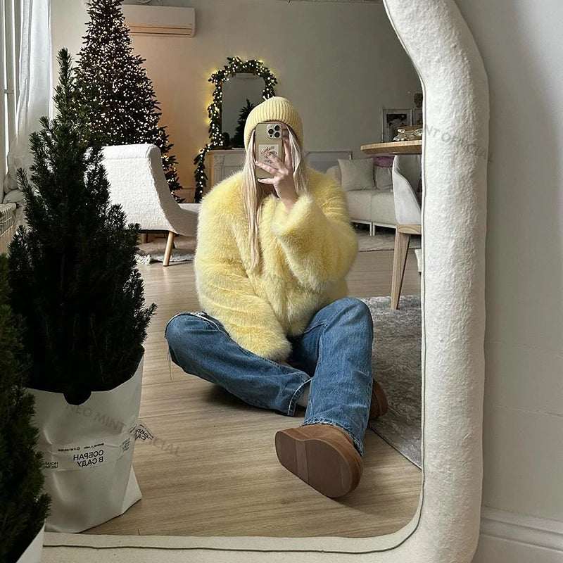Neo Mint Cool Street Girls Winter Fashion Fluffy Fox Fur Jacket Women Casual Round Neck Faux Fur Coat Chic Thick Warm Outerwear LadyShow.Store
