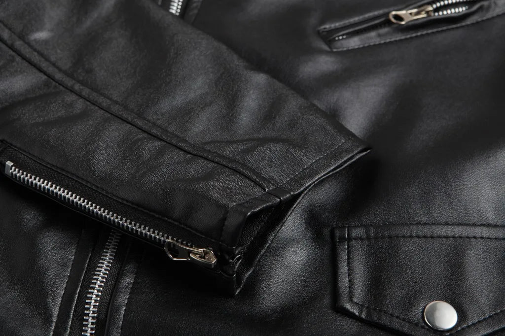 2023 Mens Fashion Leather Jacket Slim Fit Stand Collar PU Jacket Male Anti-wind Motorcycle Lapel Diagonal Zipper Jackets Men Pi-Mart