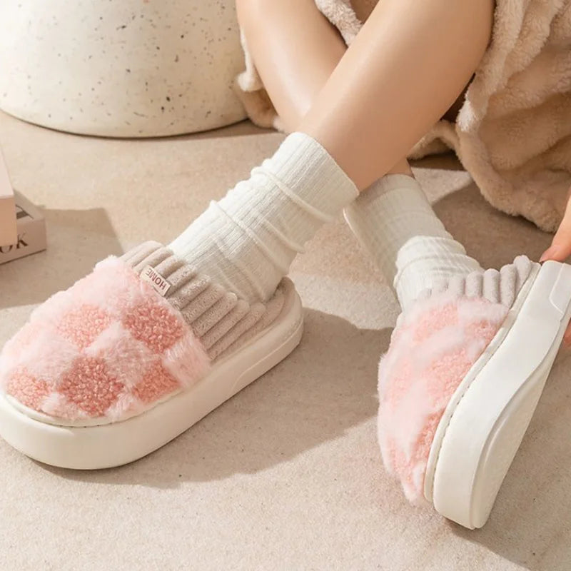 Fashion Couple Winter Slides Warm Plaid Fluffy Slippers Soft Sole Flip Flops For Women And Men Home Indoor Non-slip Cotton Shoes Pi-Mart