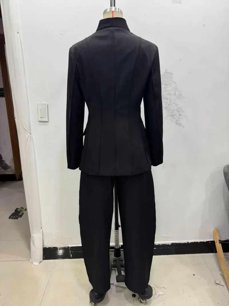 ETJ 2025 women's new fashion design three-dimensional cut high collar slim suit jacket & matching casual trousers LadyShow.Store