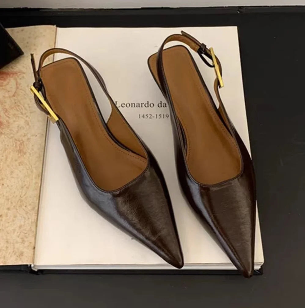 2025 Summer New Women Sandal Fashion Pointed Toe Shallow Slip on Ladies Elegant Slingback Shoes Thin Med Heel Dress Mules Pumps LadyShow.Store