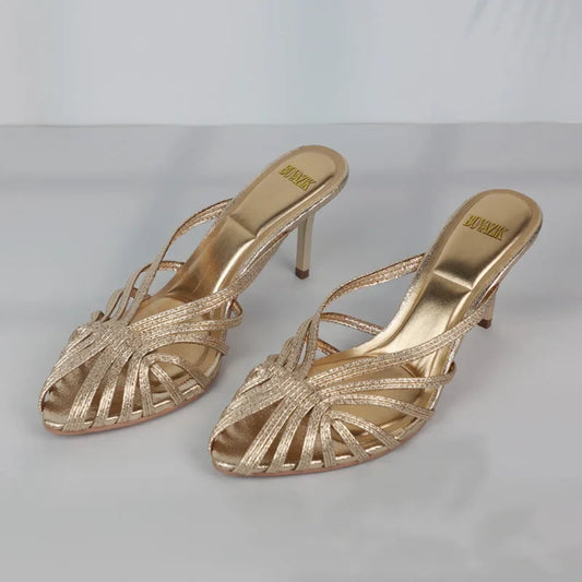 New Gold Hollow Thin Strip Heels for Women Luxury Pointed Toe Heeled Pumps Office Lady Mules Summer Stiletto Shoe Sandals 2025 LadyShow.Store