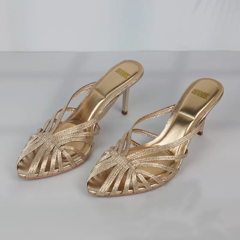 New Gold Hollow Thin Strip Heels for Women Luxury Pointed Toe Heeled Pumps Office Lady Mules Summer Stiletto Shoe Sandals 2025 LadyShow.Store