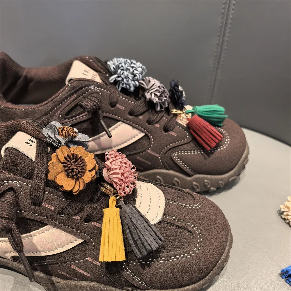 1Pcs Autumn Winter Maillard Tassel Pendant Shoe Charms Leather Flower Shoelace Buckle Sports Shoe Decoration Accessory Buckle Pi-Mart