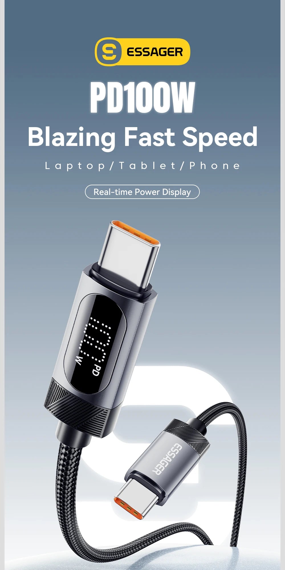 Essager Digital Dispaly USB C Cable For iPhone 17 16 15 Xiaomi Huawei 100W PD Fast Charging For Macbook iPad Type C to C Cable Pi-Mart