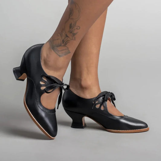Retro Mary Jane Pumps Woman Vintage Lace Up Low Heel Dress Zapatos Ladies Brand Design Butterfly Wing Derby Shoes Plus Size LadyShow.Store