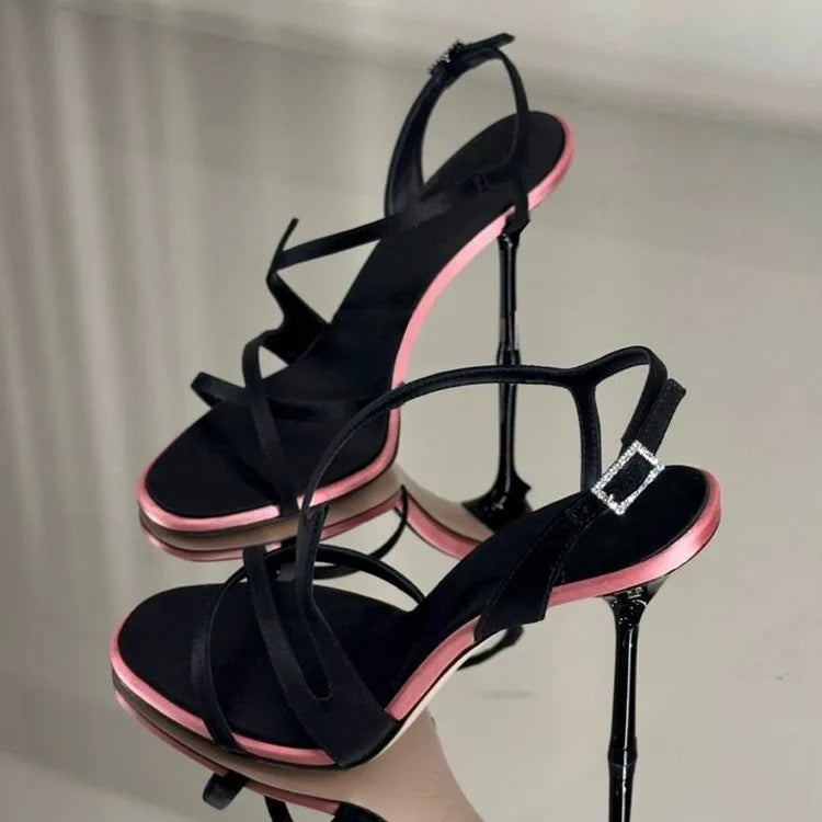 Satin Color Block Stiletto High Heels with One Belt 2025 New Summer Temperament Versatile Sandals LadyShow.Store