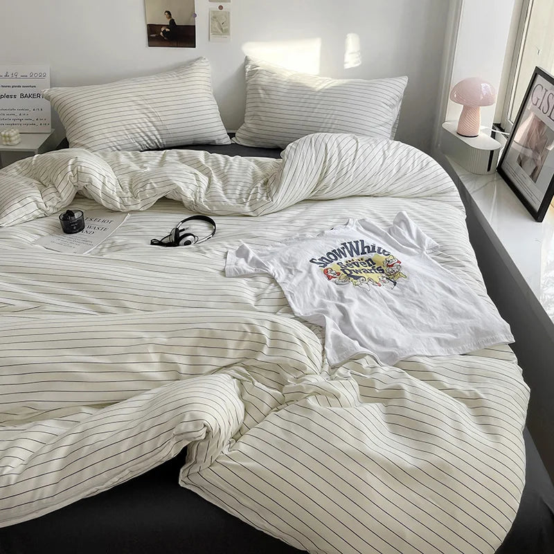 Stripe Bedding Comforter Set with Pillowcase bed sheet Single Full Size Bed Linen Duvet Cover Set Queen/King Double Single Bed LadyShow.Store