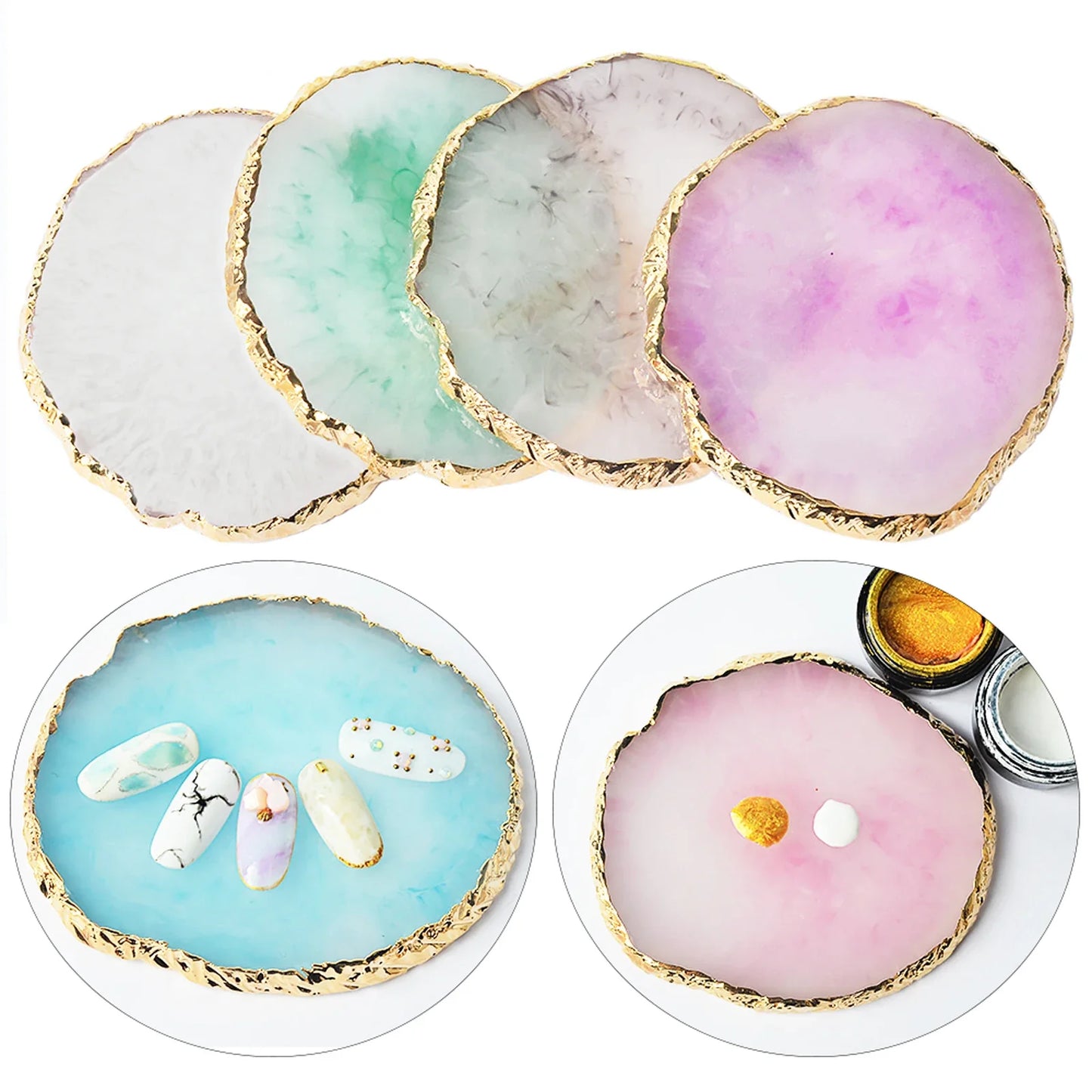1PC Round Resin Agate Stone Nail Art Palette False Nail Tips Mixing Color Drawing Pallet Gel Polish Display Shelf Manicure Tool Tri Light Beauty