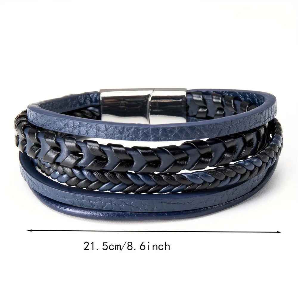 1pc Fashion Accessories MEN'S Multi-layered Vintage Leather Rope Braided Bracelet Alloy Magnetic Buckle Bracelet Pi-Mart