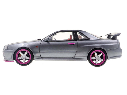 1999 Nissan Skyline GT-R (R34) RHD (Right Hand Drive) Silver Metallic with Purple Wheels 1/18 Diecast Model Car by Solido LuxuryLifeWay Online Store