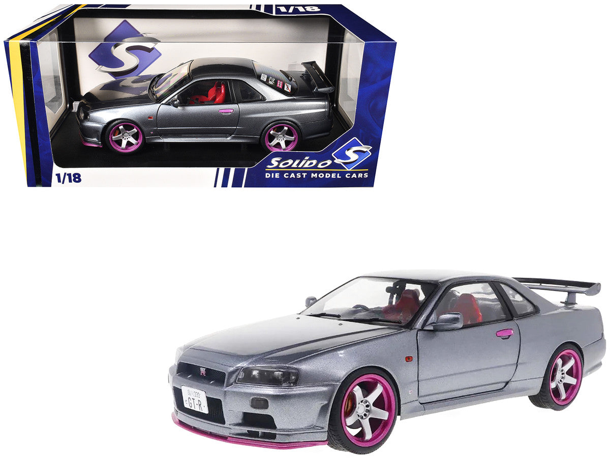 1999 Nissan Skyline GT-R (R34) RHD (Right Hand Drive) Silver Metallic with Purple Wheels 1/18 Diecast Model Car by Solido LuxuryLifeWay Online Store