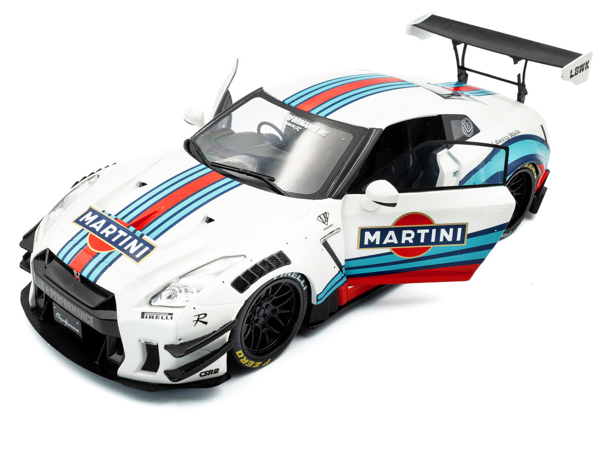 2024 Nissan GT-R (R35) RHD (Right Hand Drive) with Liberty Walk 2.0 Body Kit "Martini Racing" White with Stripes 1/18 Diecast Model Car by Solido LuxuryLifeWay Online Store