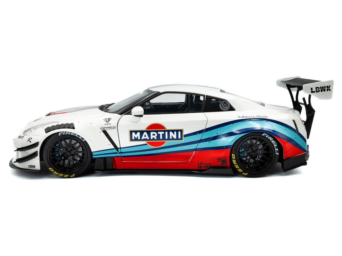 2024 Nissan GT-R (R35) RHD (Right Hand Drive) with Liberty Walk 2.0 Body Kit "Martini Racing" White with Stripes 1/18 Diecast Model Car by Solido LuxuryLifeWay Online Store