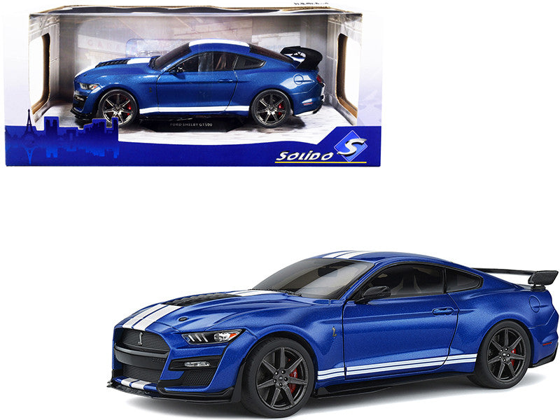 2020 Ford Mustang Shelby GT500 Fast Track Ford Performance Blue Metallic with White Stripes 1/18 Diecast Model Car by Solido LuxuryLifeWay Online Store