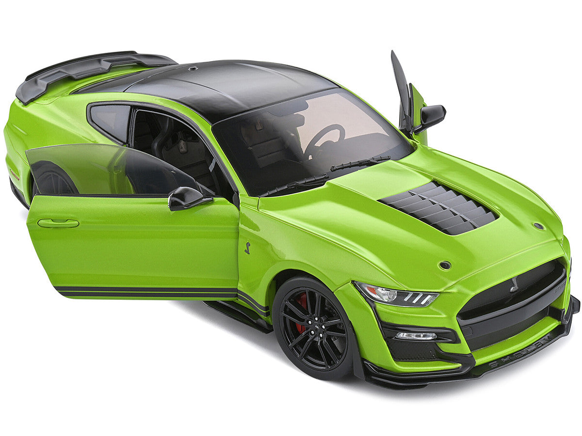 2020 Ford Mustang Shelby GT500 Grabber Lime Green Metallic with Black Top and Stripes 1/18 Diecast Model Car by Solido LuxuryLifeWay Online Store
