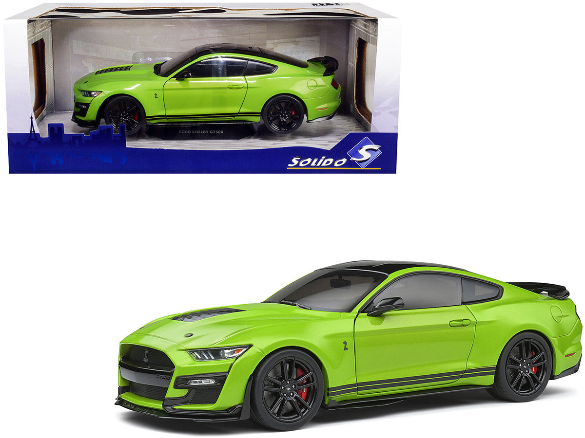 2020 Ford Mustang Shelby GT500 Grabber Lime Green Metallic with Black Top and Stripes 1/18 Diecast Model Car by Solido LuxuryLifeWay Online Store