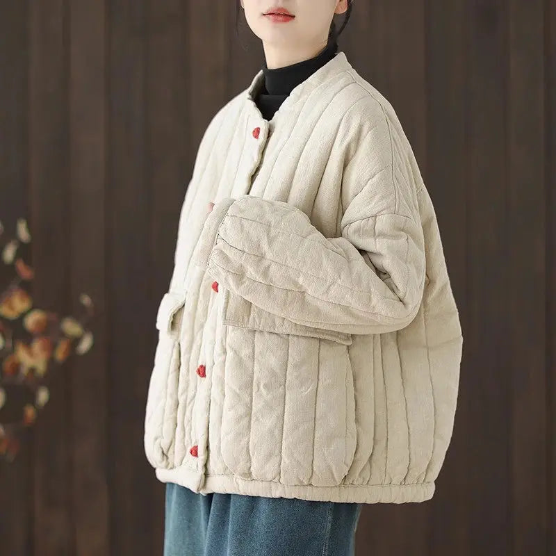 Cotton And Linen Women's Quilted Jacket 2026 New Spring Autumn Retro Chinese Style Short Thick Casual Padded Coat Top K2675 LadyShow.Store