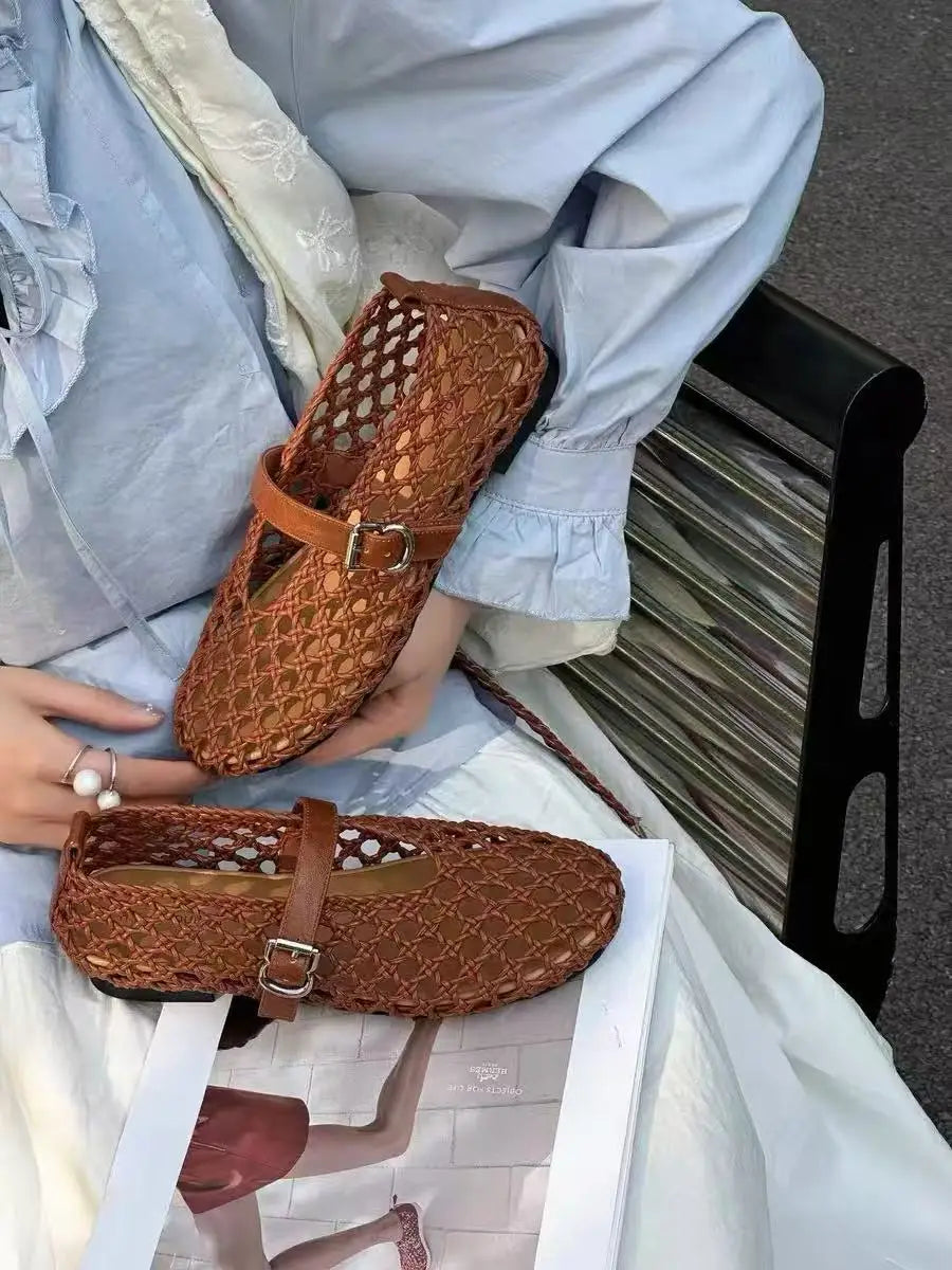 2026 Summer New Fashion Simple One-Buckle Vintage Flats for Women, Soft and Comfortable Ballet Shoes, Shallow Mouth Sandals Pi-Mart