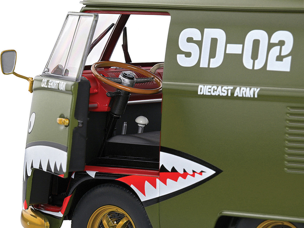 1950 Volkswagen Kool Kombi Van with Trailer "Army Fighter" Green with Graphics 1/18 Diecast Model Car by Solido LuxuryLifeWay Online Store