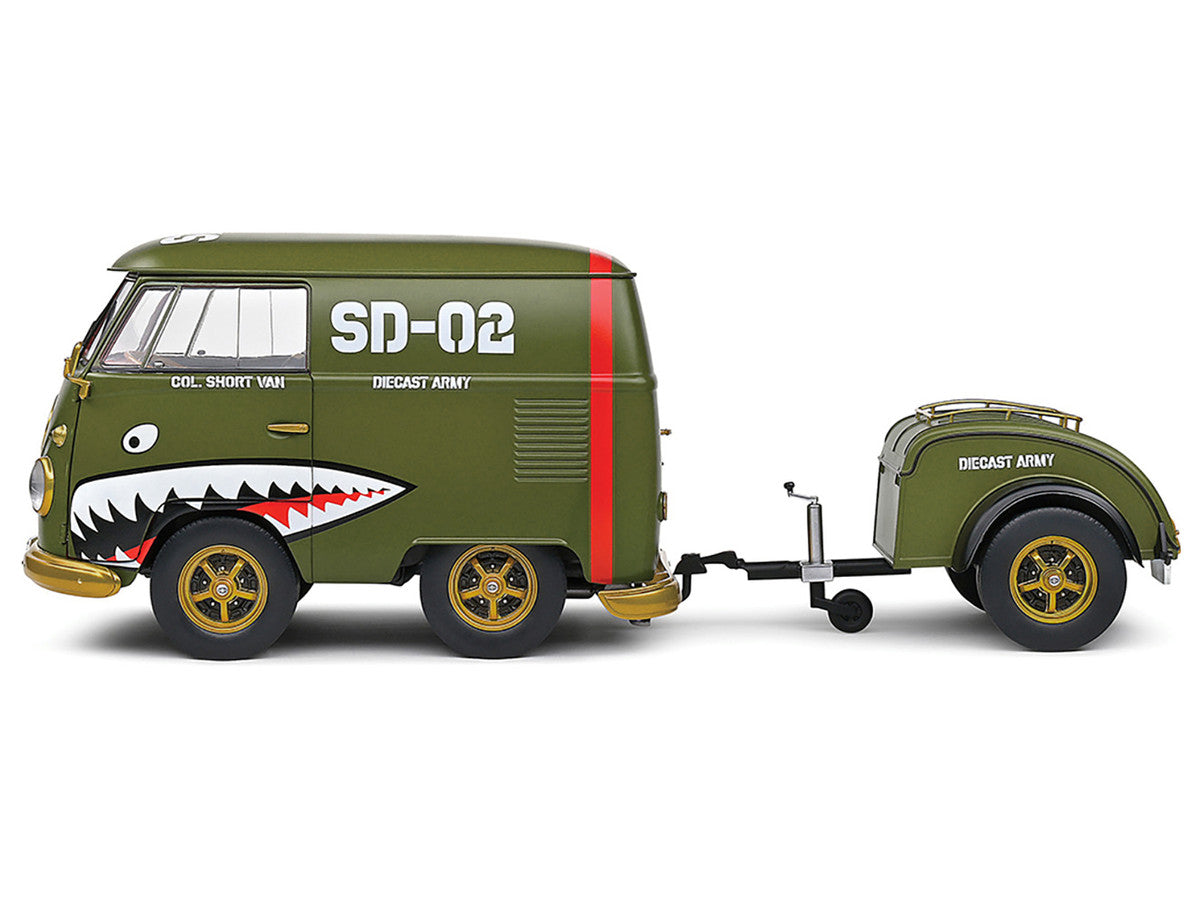 1950 Volkswagen Kool Kombi Van with Trailer "Army Fighter" Green with Graphics 1/18 Diecast Model Car by Solido LuxuryLifeWay Online Store