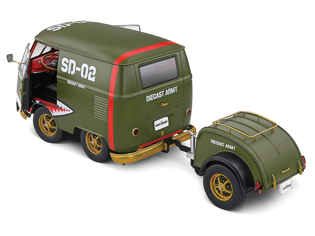 1950 Volkswagen Kool Kombi Van with Trailer "Army Fighter" Green with Graphics 1/18 Diecast Model Car by Solido LuxuryLifeWay Online Store